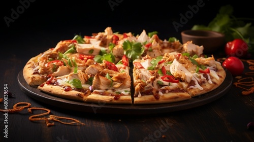 Thai Chicken Pizza on a dark background, with selective lighting emphasizing the textures and flavors.