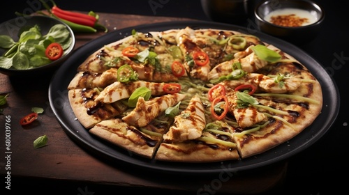 Thai Chicken Pizza on a modern black plate, creating a sleek and sophisticated visual appeal.