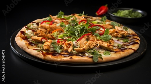 Thai Chicken Pizza on a modern black plate, creating a sleek and sophisticated visual appeal.