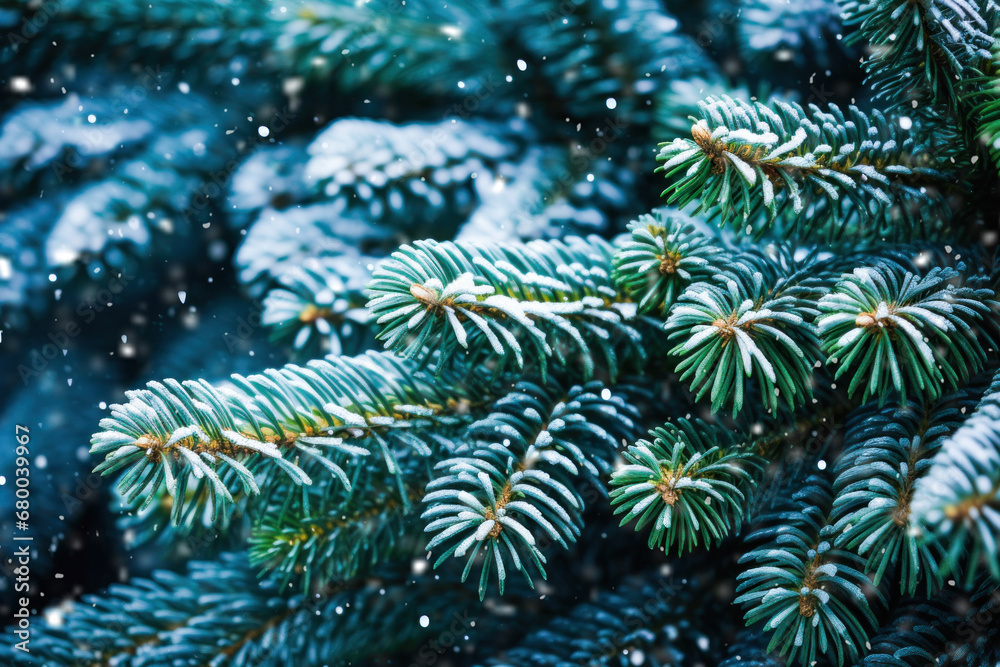 Green fir tree branches with snow close up Green fir tree branches with snow close up