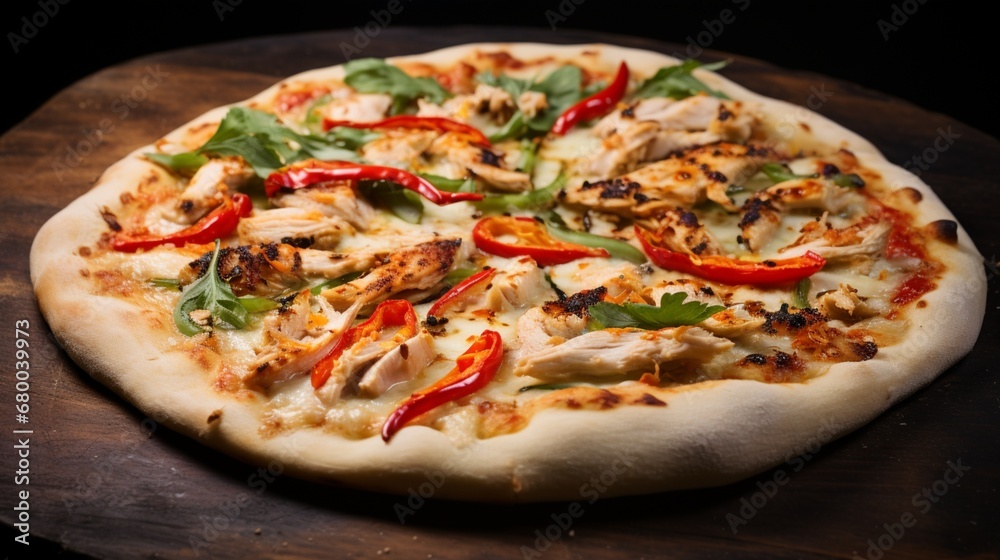 Thai Chicken Pizza on a stone oven tray, highlighting the authenticity of its baking process.