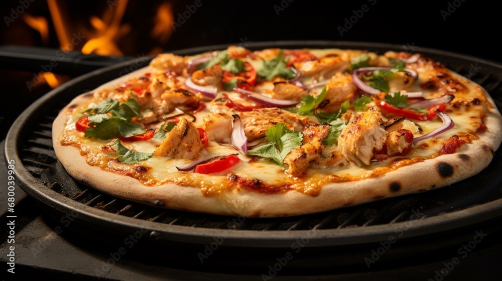 Thai Chicken Pizza on a stone oven tray, highlighting the authenticity of its baking process.