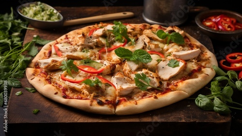 Thai Chicken Pizza on a stone oven tray, highlighting the authenticity of its baking process.