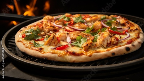 Thai Chicken Pizza on a stone oven tray, highlighting the authenticity of its baking process.