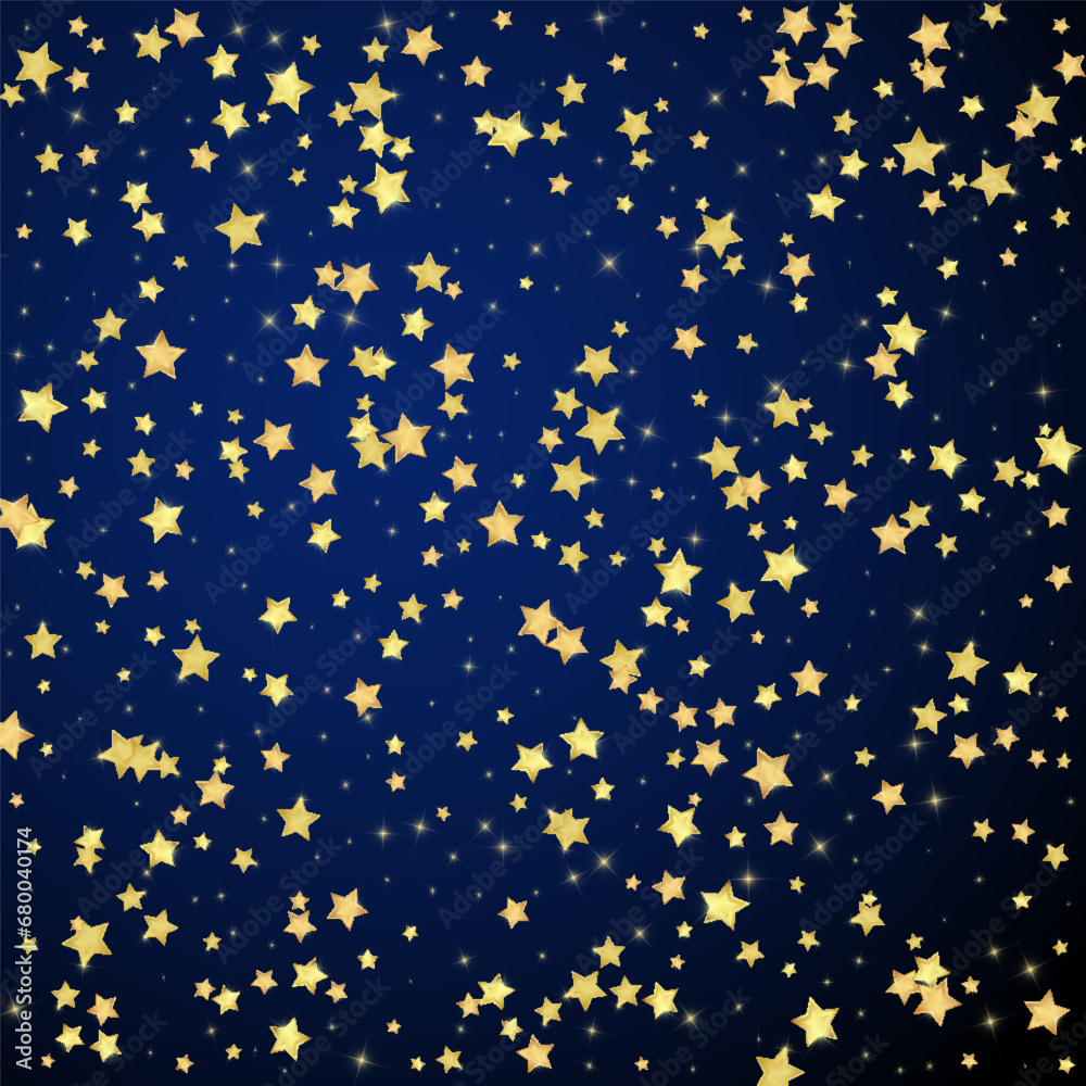 Magic stars vector overlay. Gold stars scattered around randomly, falling down, floating. Chaotic dreamy childish overlay template. Enchanting vector with magic stars on dark blue background. Magic stars vector overlay. Gold stars scattered around randomly, falling down, floating. Chaotic dreamy childish overlay template. Enchanting vector with magic stars on dark blue background.