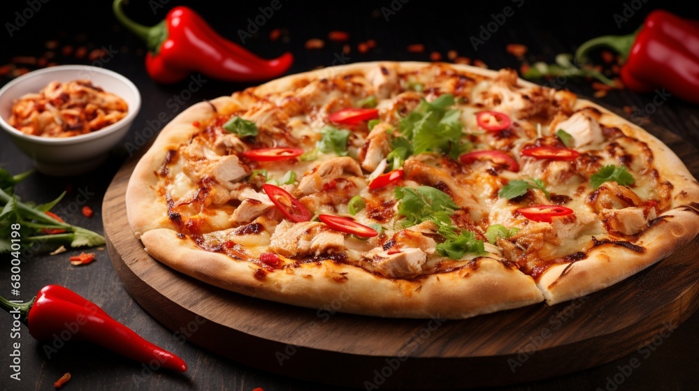 Thai Chicken Pizza on a textured background with vibrant chili peppers, emphasizing its bold and spicy flavor profile.