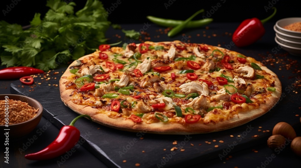 Thai Chicken Pizza on a textured background with vibrant chili peppers, emphasizing its bold and spicy flavor profile.