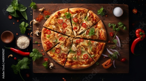 Thai Chicken Pizza on a textured background, creating a visually interesting and appetizing composition.