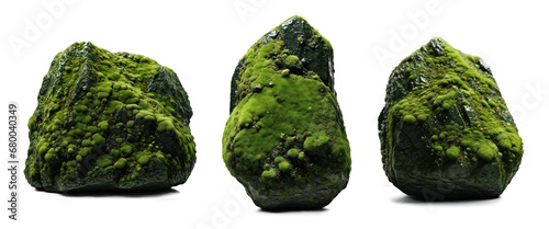 set of realistic nature wet mossy stones isolated on transparent, PNG or white background. collection of overgrown wet stones for natural garden yard decoration.