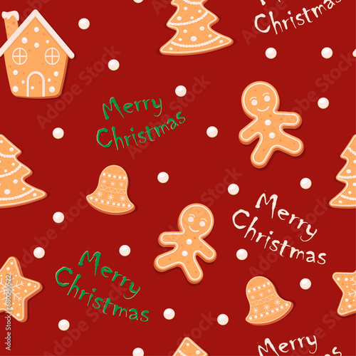 Christmas pattern on a red background with a gingerbread man, a house, a fir tree, a star, a bell and the inscription Merry Christmas. Vector graphics