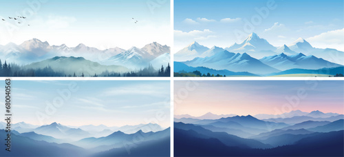 fog watercolor weather panorama sunrise horizon peak silhouette horizontal scenery scene 
