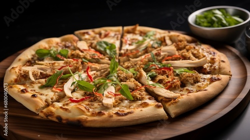 Thai Chicken Pizza presented on a marble countertop, incorporating elements of luxury and elegance into the visual narrative.