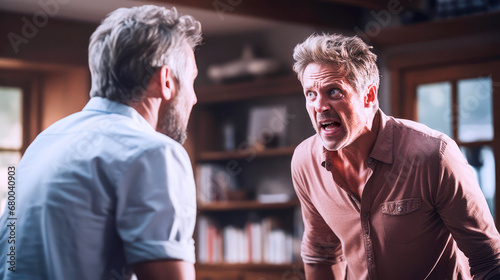 Heated Debate: Two Men Engage in a Passionate Argument in a Book-Filled Room"