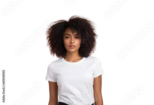 Confident Young Woman Modeling Plain White T-shirt Ready for Branding, Transparent Background, Ideal for Fashion Mockups and Advertising