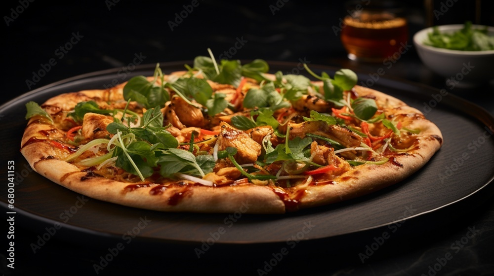 Thai Chicken Pizza served on a stylish modern plate, with creative lighting adding drama and highlighting its gourmet presentation.