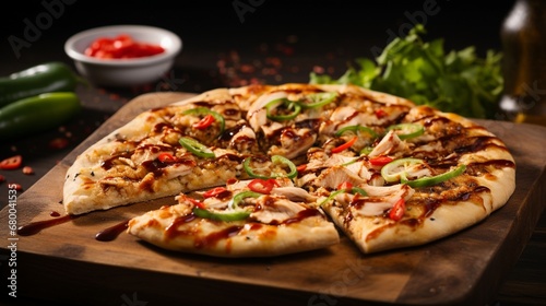 Thai Chicken Pizza served on a rustic wooden board with a drizzle of Sriracha sauce, adding a spicy and dynamic element.