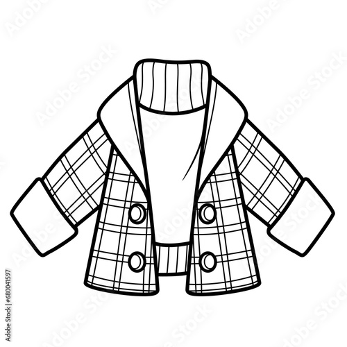 Short plaid pea coat worn over a warm sweater outline for coloring on white background