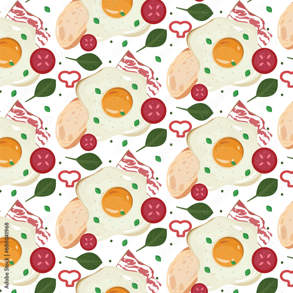 breakfast pattern with a fried egg, a piece of bread, greens and tomato slices on a white background breakfast pattern with a fried egg, a piece of bread, greens and tomato slices on a white background