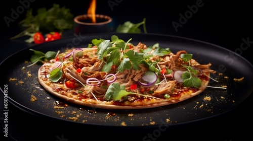 Thai Chicken Pizza served on a stylish modern plate, with creative lighting adding drama and highlighting its gourmet presentation.