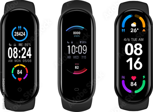  Fitness watches, sport bracelets, fitness band or fitness activity tracker collection isolated on white background.