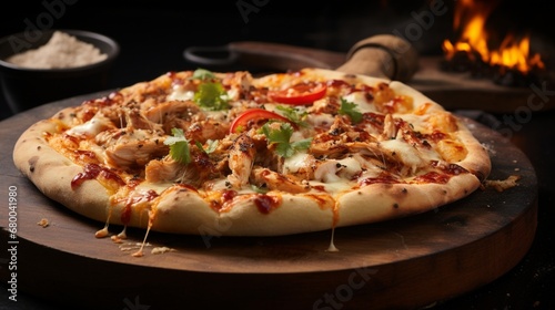 Thai Chicken Pizza served on a wooden pizza peel, with steam rising from the hot, freshly baked crust.
