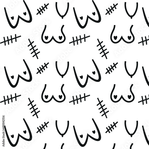 doodle pattern consisting of drawn female breasts, breasts with scars and just scars instead of breasts after surgery, on a white background photo