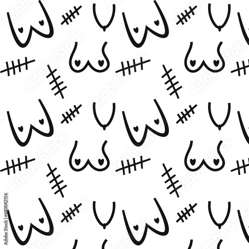 doodle pattern consisting of drawn female breasts, breasts with scars and just scars instead of breasts after surgery, on a white background