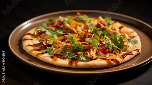 Thai Chicken Pizza served on a modern, minimalist plate, accentuating its contemporary presentation.