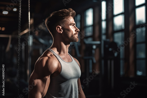 muscular man with nude torso in gym. Sport and gym concept. Sportsman with muscles looks attractive.