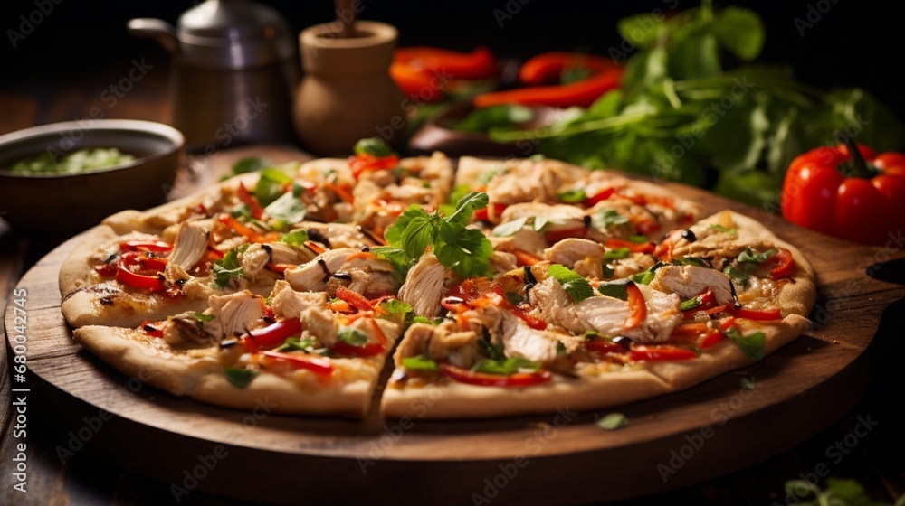Thai Chicken Pizza with a blurred background of a bustling kitchen, capturing the essence of its preparation.