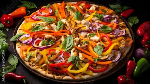 Thai Chicken Pizza with a creative arrangement of colorful bell peppers, creating a visually stunning image.