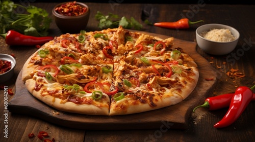 Thai Chicken Pizza with a creative arrangement of chili peppers, hinting at its spicy and bold flavor.