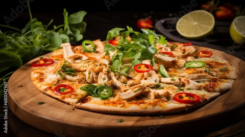 Thai Chicken Pizza with a creative arrangement of sliced lime, adding a citrusy and refreshing twist.