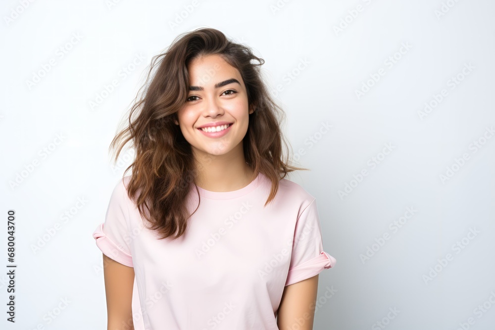 Isolated studio portrait of a young white woman wearing a casual blank t-shirt. Generative AI. Isolated studio portrait of a young white woman wearing a casual blank t-shirt. Generative AI.