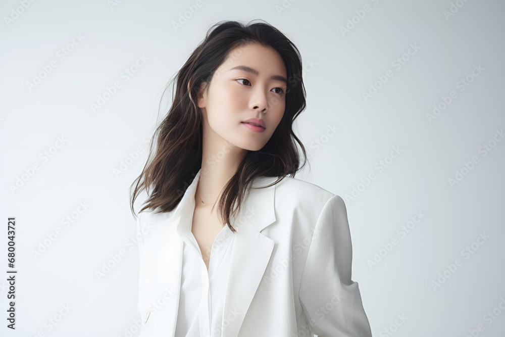 Portrait of a beautiful Japanese business woman posing in a white suit. Generative AI. Portrait of a beautiful Japanese business woman posing in a white suit. Generative AI.