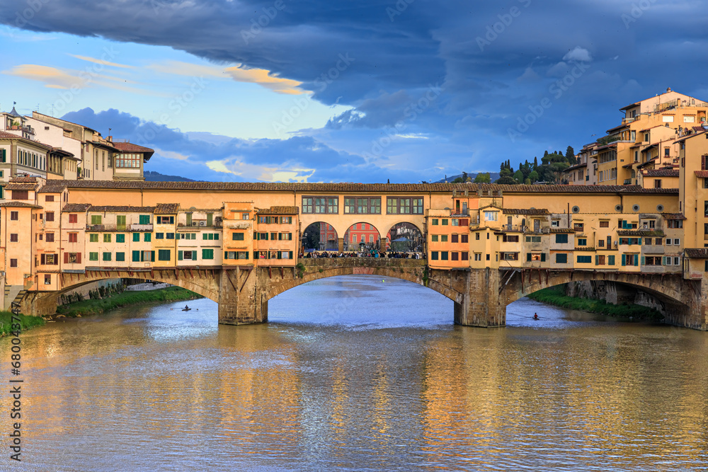 View of the Arno river in Florence, Italy: in the background Ponte Vecchio.