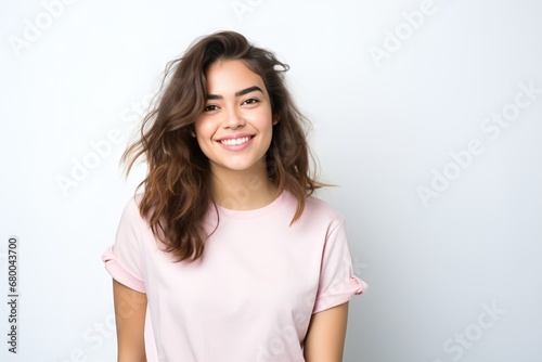 Isolated studio portrait of a young white woman wearing a casual blank t-shirt. Generative AI.