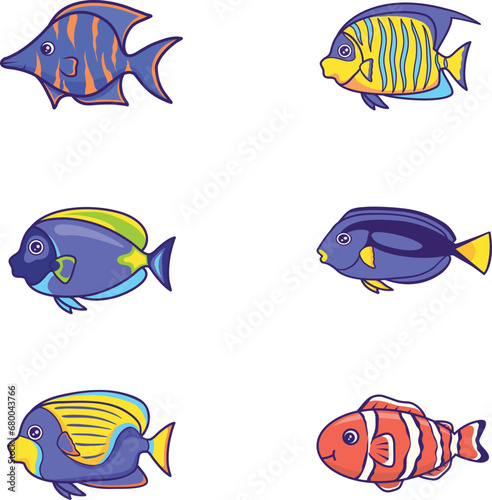 Sea fish collection isolated on white background. Set of Tropical fish vector cartoon icon. Aquarium animals Vector illustration. Clownfish, blue tangs, yellow tangs, coral and butterflyfish