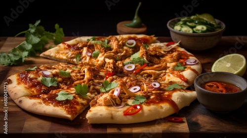 Thai Chicken Pizza with a drizzle of sweet and spicy sauce, creating a visually dynamic and flavorful image.
