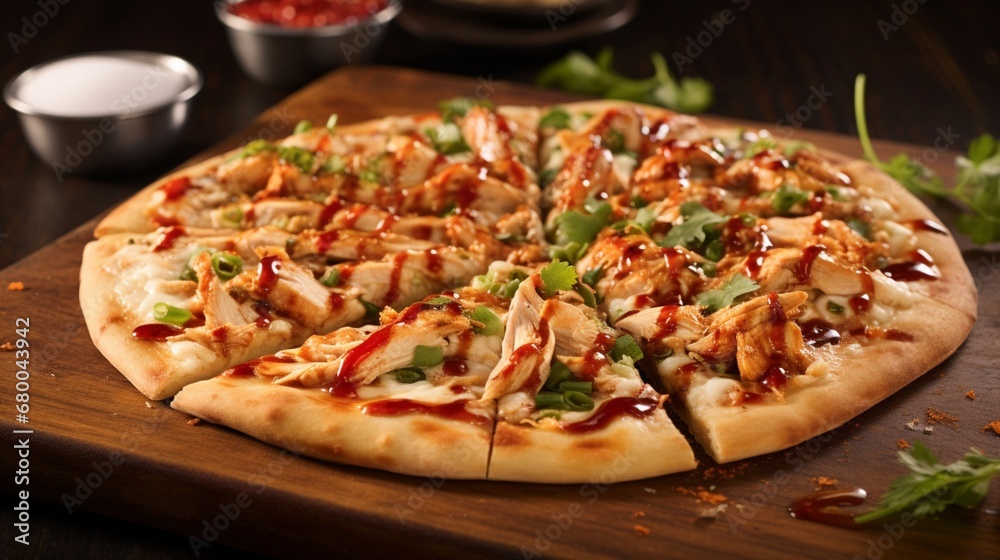 Thai Chicken Pizza with a drizzle of spicy Sriracha sauce, creating a visually dynamic and flavorful image.