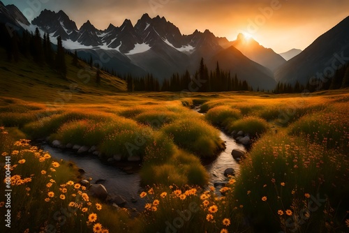 A secluded mountain valley with a meandering stream, surrounded by wildflowers, as the sun sets behind the peaks