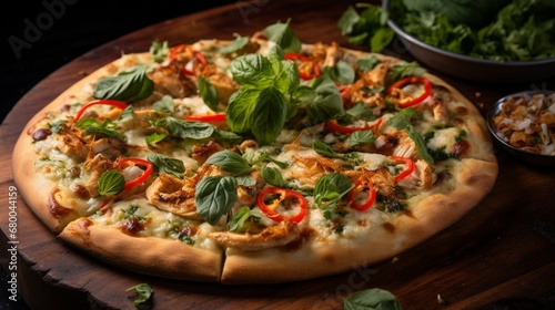 Thai Chicken Pizza with a garnish of fresh cilantro and Thai basil, adding a burst of color and aroma.