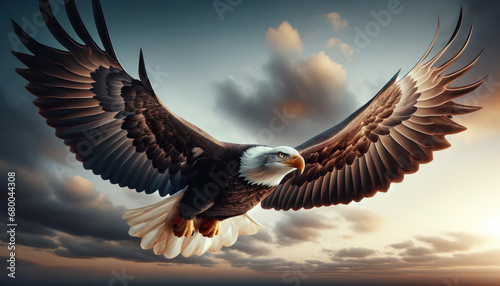 Horizontal photo of a bald eagle in flight, powerful wings, intense gaze.
 photo