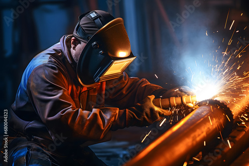 Welder with protective gear welding a metal piece