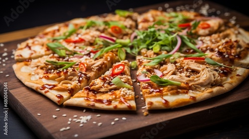 Thai Chicken Pizza with a sprinkle of sesame seeds  creating a visually interesting texture on its surface.