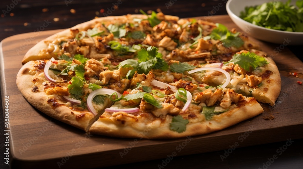 Thai Chicken Pizza with a sprinkling of crushed peanuts and fresh cilantro, adding texture and freshness to the composition.