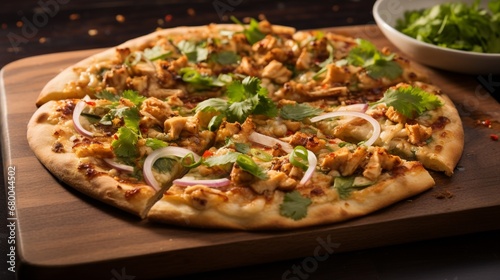Thai Chicken Pizza with a sprinkling of crushed peanuts and fresh cilantro, adding texture and freshness to the composition.