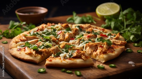 Thai Chicken Pizza with a sprinkle of chopped cilantro and lime wedges, enhancing its presentation.