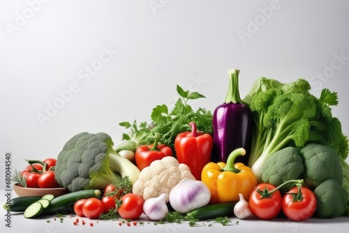 Different fresh vegetables on white background, top view. Space for text