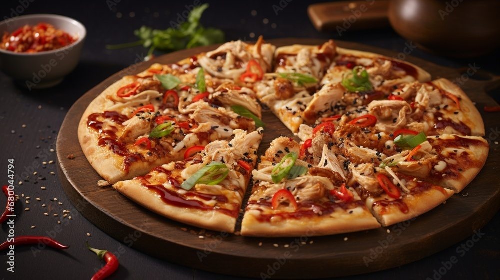 Thai Chicken Pizza with a sprinkle of sesame seeds, creating a visually interesting texture on its surface.